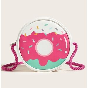 Novelty Donut Round Crossbody Bag Pink Sprinkles White Faux Leather Rope Strap